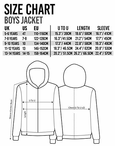 Maattabel voor jongensjack met afmetingen in verschillende maten.
