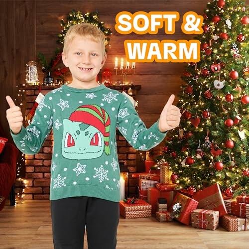 Kind draagt kersttrui met kerstboom op de achtergrond.