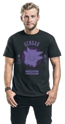 Man in zwart T-shirt met Gengar Pokémon ontwerp