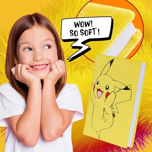 Meisje verrast door zachte Pikachu-notebook
