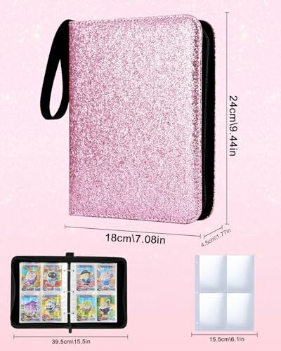 Roze glitter kaartmap met afmetingen