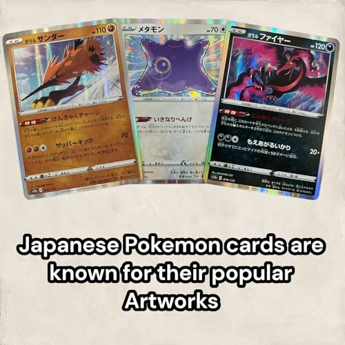Drie Japanse Pokémon-kaarten met kleurrijke ontwerpen.