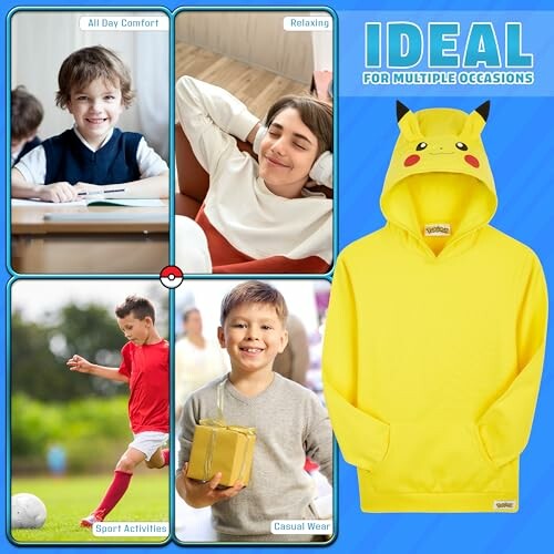 Kinderen dragen een Pikachu-hoodie in verschillende situaties.