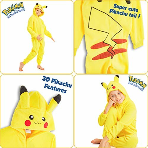 Kind in gele Pikachu-onesie met staart en capuchon.
