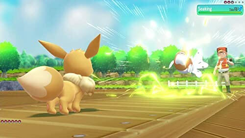 Pokémon-gevecht tussen Eevee en Seaking op een brug.