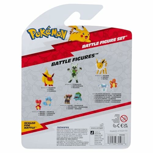 Achterkant van een Pokémon figuurset verpakking met afbeeldingen van verschillende Pokémon figuren.
