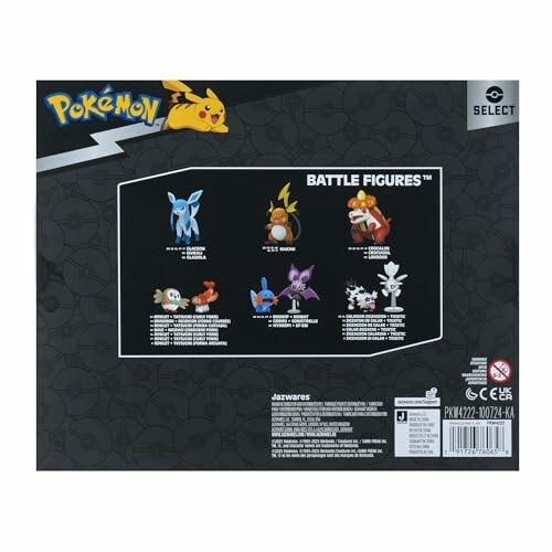 Achterkant van een doos met Pokémon figuren, waaronder Pikachu en andere personages.