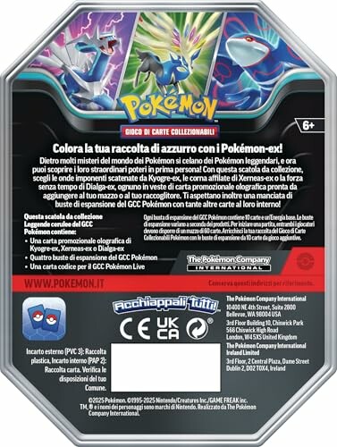 Achterkant van een Pokémon verzamelkaartendoos met informatie en logo's.