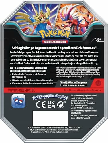 Achterkant van een Pokémon verzamelkaartenblik met beschrijving en logo's.