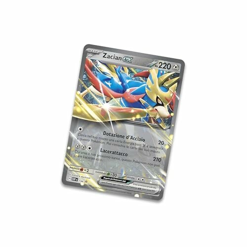 Zacian Pokémon kaart met statistieken en illustratie