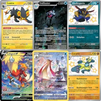 Een collectie van zes Pokémon kaarten met Luxtra, Darkrai, Gladimperio, Lohgock V, Milotic en Lucario.