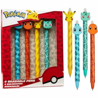 Vier Pokémon gum pennen met Pikachu, Bulbasaur, Squirtle en Charmander