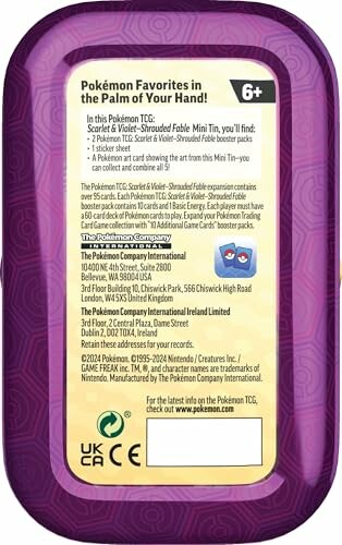 Achterkant van een Pokémon mini-tin met productinformatie.
