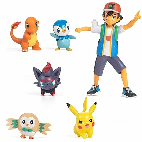 Verschillende Pokémon-figuren en een trainerfiguur.