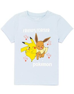 Lichtblauw T-shirt met Pikachu en Eevee met tekst 'Friends Forever'.