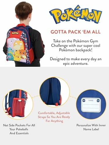Kind met Pokémon-rugzak met zakken en naamlabel.