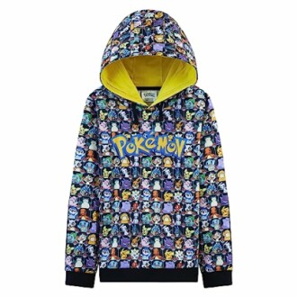 Kleurrijke Pokemon hoodie met verschillende karakters en capuchon.