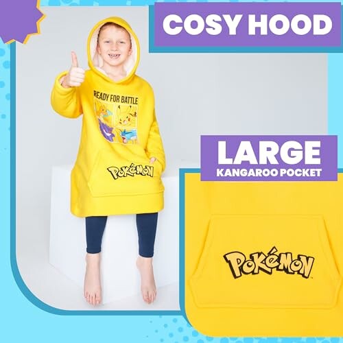 Kind in gele Pokémon-hoodie met grote zak