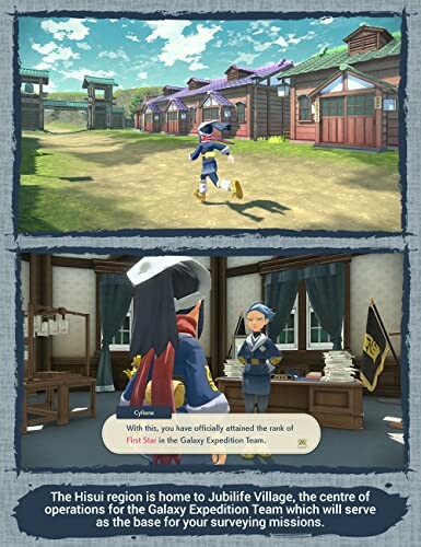 Spelers in het dorp Jubilife en kantoor scène in Pokémon Legends: Arceus.