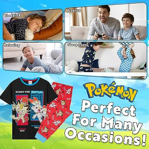 Kinderen dragen Pokémon-pyjama's tijdens verschillende activiteiten.
