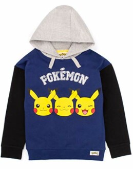 Blauwe en grijze hoodie met Pikachu-afbeeldingen en Pokémon-logo