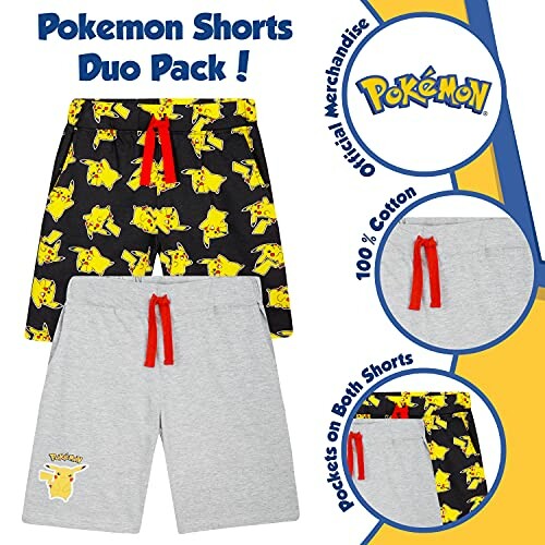 Twee paar Pokemon shorts, zwart met Pikachu en grijs met rood koord