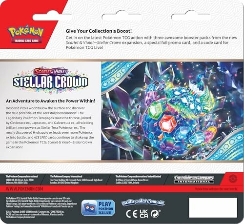 Achterkant van Pokémon TCG Scarlet & Violet Stellar Crown verpakking.