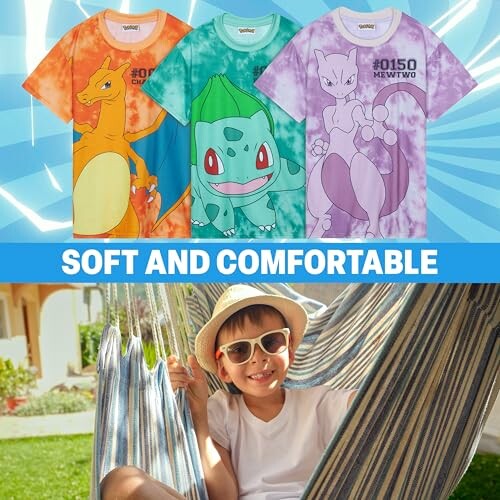 Drie Pokémon T-shirts en een kind in een hangmat