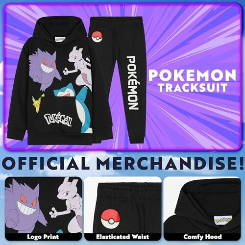 Zwarte Pokémon trainingspak met logo en karakters