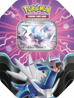 Dialga EX Pokémon kaart in blik met bliksemachtergrond
