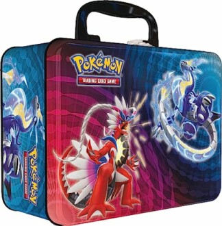 Pokemon metalen doos met illustraties van kaarten.