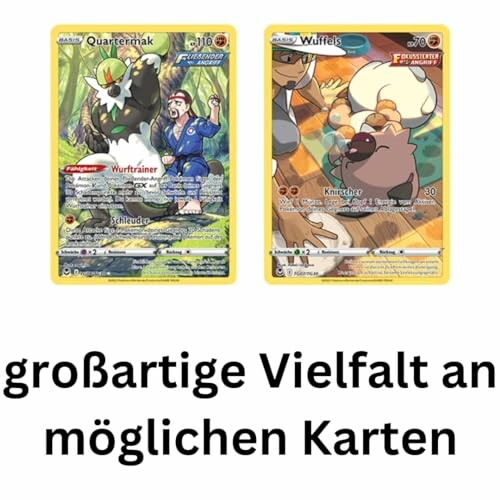 Twee Pokémon ruilkaarten met kleurrijke illustraties.