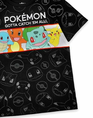 Zwart T-shirt met Pokémon-figuren: Squirtle, Charmander, Bulbasaur en Pikachu.