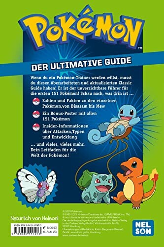 Achterkant van de Pokémon-gids met afbeeldingen van Squirtle, Charmander en andere karakters.