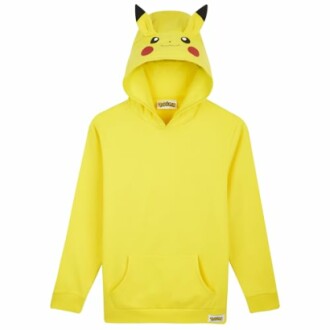 Gele Pikachu-hoodie met oren en gezicht op de capuchon.